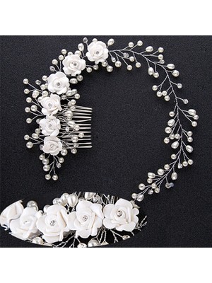 Qiuhong Shop Gül Altın Rengi Beyaz Inci Çiçek Saç Tarakları Mücevherat Tiaras Kadın Kafa Bandı Tarak ile Gelin Saç Takı Düğün Saç Aksesuarları Gelin Için (Yurt Dışından)