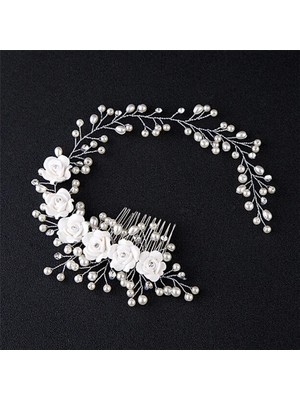 Qiuhong Shop Gül Altın Rengi Beyaz Inci Çiçek Saç Tarakları Mücevherat Tiaras Kadın Kafa Bandı Tarak ile Gelin Saç Takı Düğün Saç Aksesuarları Gelin Için (Yurt Dışından)