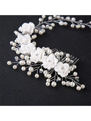 Qiuhong Shop Gül Altın Rengi Beyaz Inci Çiçek Saç Tarakları Mücevherat Tiaras Kadın Kafa Bandı Tarak ile Gelin Saç Takı Düğün Saç Aksesuarları Gelin Için (Yurt Dışından)