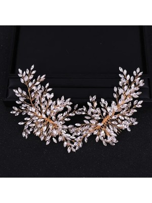 Qiuhong Shop Altın Lüks El Yapımı Çift Taklidi Saç Tarakları Gelin Saç Bantları Tiara Düğün Saç Aksesuarları Çiçek Kristal Saç Tarak Hairband (Yurt Dışından)