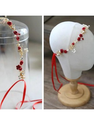 Qiuhong Shop 1 Takım Kırmızı Gül Çiçek Gelin Bandı Eski Inci Rhinestones Düğün Gelin Saç Aksesuarları Dekor (Yurt Dışından)