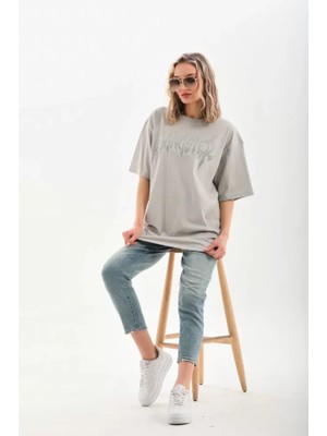 Poppytex Taş Desenli Oversize T-Shirt - Gri