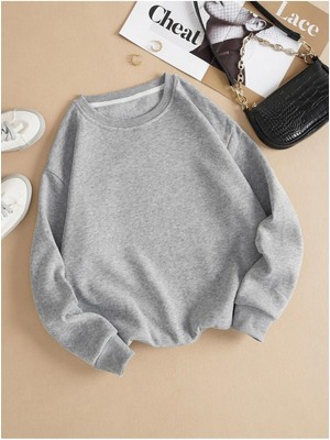 Mad&Calf Kadın Basic 0 Sıfır Yaka Baskısız Düz Oversize Salaş Bol Kesim Polar Sweatshirt