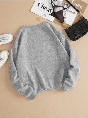 Mad&Calf Kadın Basic 0 Sıfır Yaka Baskısız Düz Oversize Salaş Bol Kesim Polar Sweatshirt