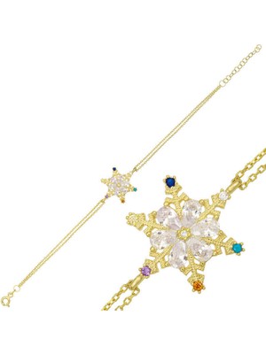 Serra Jewels Gümüş Gold Renkli Taşlı Kar Tanesi Kadın Bileklik