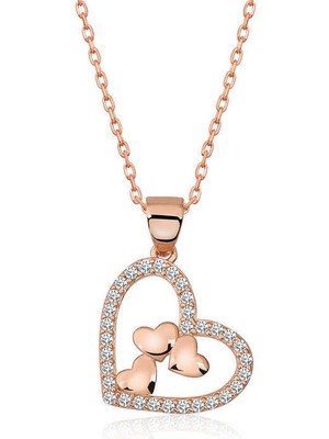 Serra Jewels Gümüş Rose Kalbin İçinde Üç Kalp Kolye