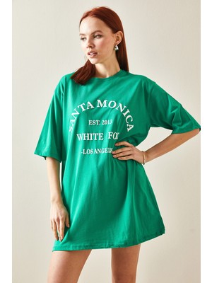Xhan Yeşil Bisiklet Yaka Yazılı Midi Oversize T-Shirt 5YXK1-48207-08