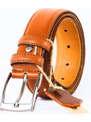 Parscraft Erkek Deri Kemer 3,5 cm Dikişli Taba Klasik Kumaş Pantolon Kemeri