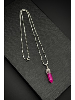 Frnch 316L Çelik Spartan Model Akik Doğal Taşlı Pembe Renk Erkek Kolye FRJ30713-813-P