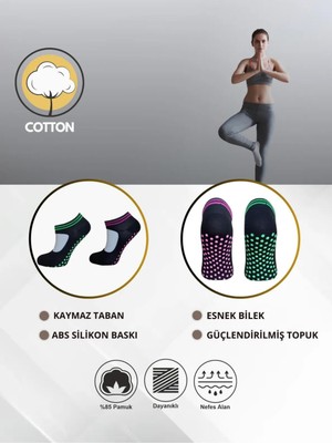 3 Çift Kadın Renkli Kaydırmaz Tabanlı Siyah Yoga Fitness Plates Çorap