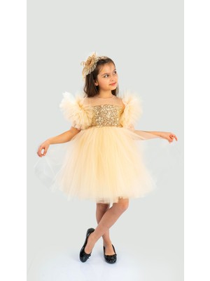 Buse & Eylül Bebe Altın Renkli Ponpon Kollu Kız Çocuk Doğum Günü Parti Elbisesi
