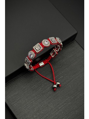 Frnch 3A Kalite Zirkon Taşlı Kırmızı Renk Ipli Ayarlanabilir Erkek Bileklik FRJ11723-1823-K