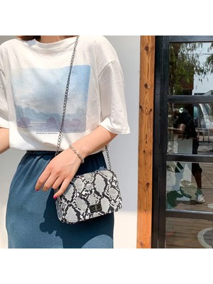 Qiuming Shop Bej Kadın Serpantin Omuz Küçük Kare Messenger Mini Crossbody Pu Deri Yılan Baskı Zinciri Çanta (Yurt Dışından)