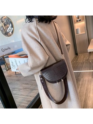 Qiuming Shop Timsah Desen Crossbody Kadın Yarım Yuvarlak Messenger Pu Deri Omuz Çanta (Yurt Dışından)