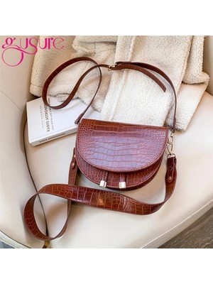 Qiuming Shop Timsah Desen Crossbody Kadın Yarım Yuvarlak Messenger Pu Deri Omuz Çanta (Yurt Dışından)