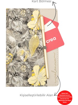 Giftcrea Kişiye Özel Çiçek Desenli Defter ve Tüy Kalem Seti Lazer Isim Kazıma Günlük Kartlıklı Defter