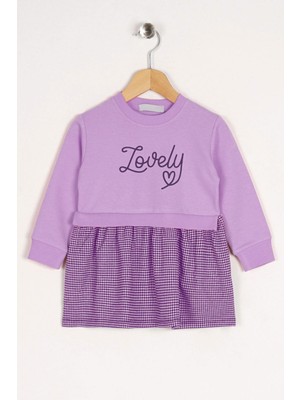 Zepkids Bisiklet Yaka Uzun Kol Lovely Baskılı Etegı Ekose Lıla Mor Renk Kız Cocuk Elbıse