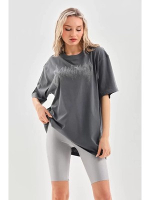 Aisha Elbise  Taş Desenli Oversize T-Shirt - Füme