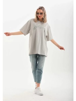 Aisha Elbise  Taş Desenli Oversize T-Shirt - Gri