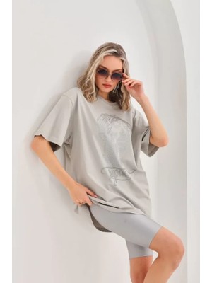 Aisha Elbise  Taş Desenli Oversize T-Shirt - Gri