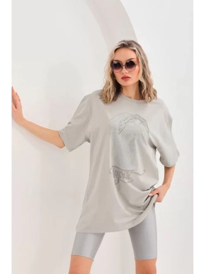 Aisha Elbise  Taş Desenli Oversize T-Shirt - Gri