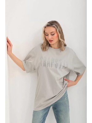 Aisha Elbise  Taş Desenli Oversize T-Shirt - Gri