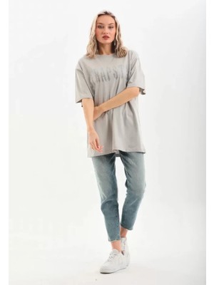 Aisha Elbise  Taş Desenli Oversize T-Shirt - Gri