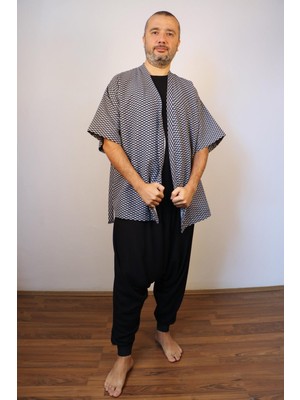 Lapiz Unisex Siyah-Beyaz Desenli Kısa Kimono Ceket