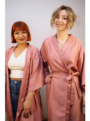 Lapiz Unisex Saten Kumaş, Pudra Rengi, Kısa Kimono