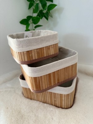 Home Naturel 3'lü Set Bambu Kare Düzenleyici Organizer Sepet