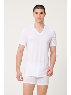 Fsm1453 Erkek Pamuklu Modal V-Yaka Kisa Kollu Atlet 2'li -470-(429)