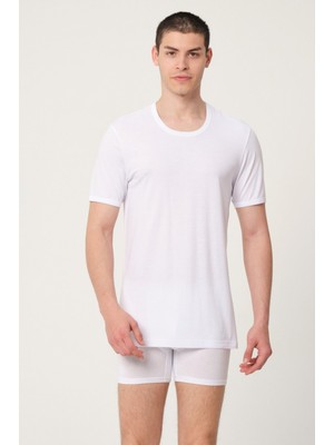 Fsm1453 Erkek Bambu Pamuklu Süprem Penye Yuvarlak Yaka Comfort Fit Kısa Kollu Beyaz Atlet - 436