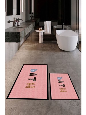 Evdeya Dijital Baskılı Yıkanabilir Renkli Bath Yazılı Ikili Banyo Paspası, Klozet-8-Pembe,