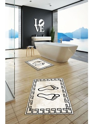 Evdeya Dijital Baskılı Yıkanabilir Çerçeveli Ayak Izi Desenli Ikili Banyo Halısı, Klozet-19-Kahve,