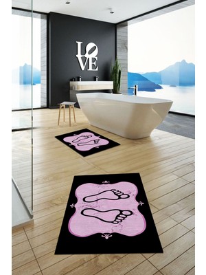 Evdeya Dijital Baskılı Yıkanabilir Modern Ayak Izi Desenli Ikili Banyo Halısı, Klozet-20-Pembe,