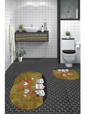 Evdeya Dijital Baskılı Yıkanabilir Kalipli Kediler Desenli Ikili Banyo Halısı Oval, Klozet-42-Kahve,