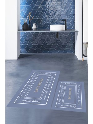 Evdeya Dijital Baskılı Yıkanabilir Desenli Bathroom Yazılı Ikili Banyo Paspası, Klozet-5-Mavi,