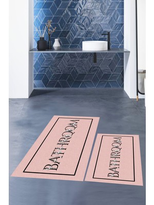 Evdeya Dijital Baskılı Yıkanabilir Çerçeveli Bathroom Yazılı Ikili Banyo Paspası, Klozet-6-Pembe,