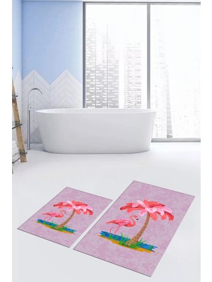 Evdeya Dijital Baskılı Yıkanabilir Flamingo Desenli Ikili Banyo Halısı Paspas, Klozet-30-Pembe,