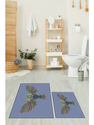 Evdeya Dijital Baskılı Yıkanabilir Rengarenk Baykuş Ikili Banyo Halısı Paspas, Klozet-37-Mavi,