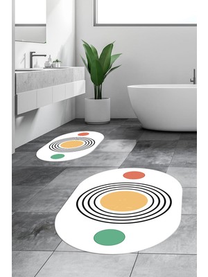 Evdeya Dijital Baskılı Yıkanabilir Modern Ikili Banyo Halısı Paspas Oval, Klozet-49-Beyaz,