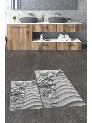 Evdeya 3D Dijital Baskılı Yıkanabilir Modern Ikili Banyo Halısı Paspas, Klozet-48-Gri,