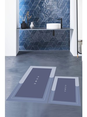 Evdeya Dijital Baskılı Yıkanabilir Home Yazılı Ikili Banyo Paspası, Klozet-3-Mavi,