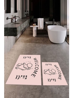 Evdeya Dijital Baskılı Modern Yıkanabilir Ikili Banyo Halısı Paspas, Klozet-11-Pembe,