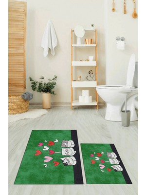 Evdeya Dijital Baskılı Yıkanabilir Kalipli Kediler Desenli Ikili Banyo Halısı, Klozet-42-Yeşil,