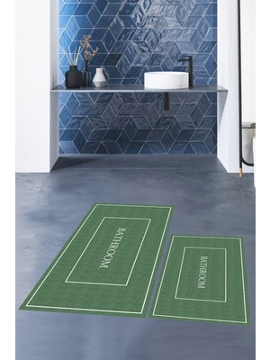 Evdeya Dijital Baskılı Yıkanabilir Sade Bathroom Yazılı Ikili Banyo Paspası, Klozet-4-Yeşil,