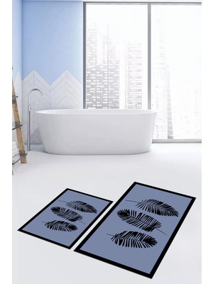 Evdeya Dijital Baskılı Yıkanabilir Renkli Yapraklı Desen Ikili Banyo Halısı, Klozet-26-Mavi,