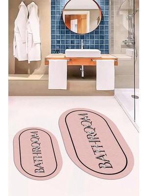 Evdeya Dijital Baskılı Yıkanabilir Çerçeveli Bathroom Yazılı Oval Banyo Paspası, Klozet-06-Pembe,