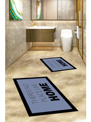 Evdeya Dijital Baskılı Yıkanabilir Home Yazılı Ikili Banyo Halısı Paspas, Klozet-13-Mavi,