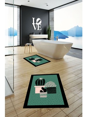Evdeya Dijital Baskılı Yıkanabilir Kaktüs Çiçek Desenli Ikili Banyo Halısı, Klozet-22-Yeşil,
